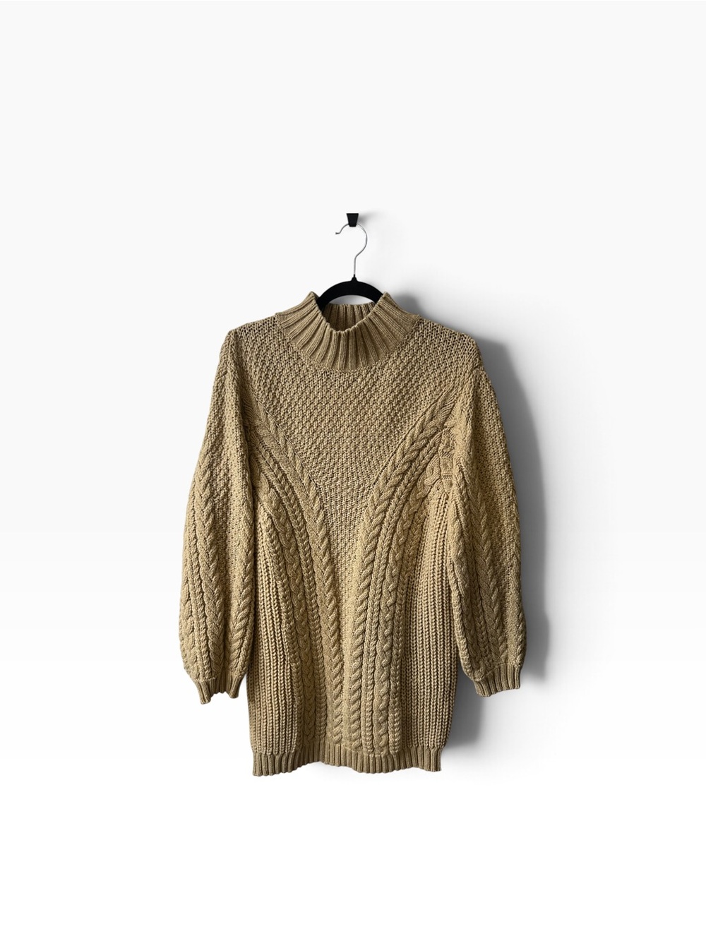 MANGO- Oversized Cable Knit Mock Neck Sweater, Beige/Tan , Size 8
